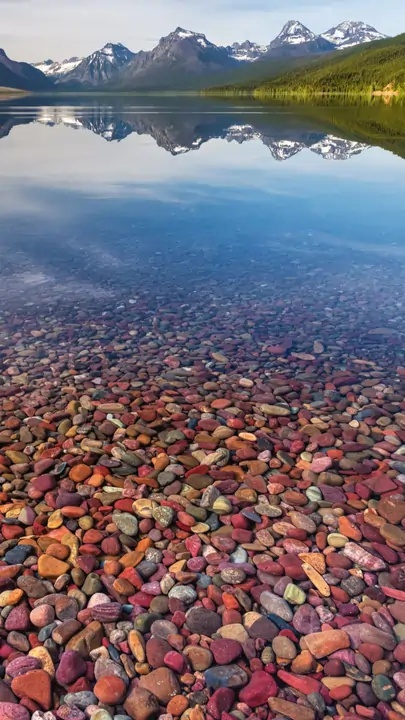 Colorful Rocks of Lake McDonald — vivid red, green and purple Precambrian pebbles through the clear water