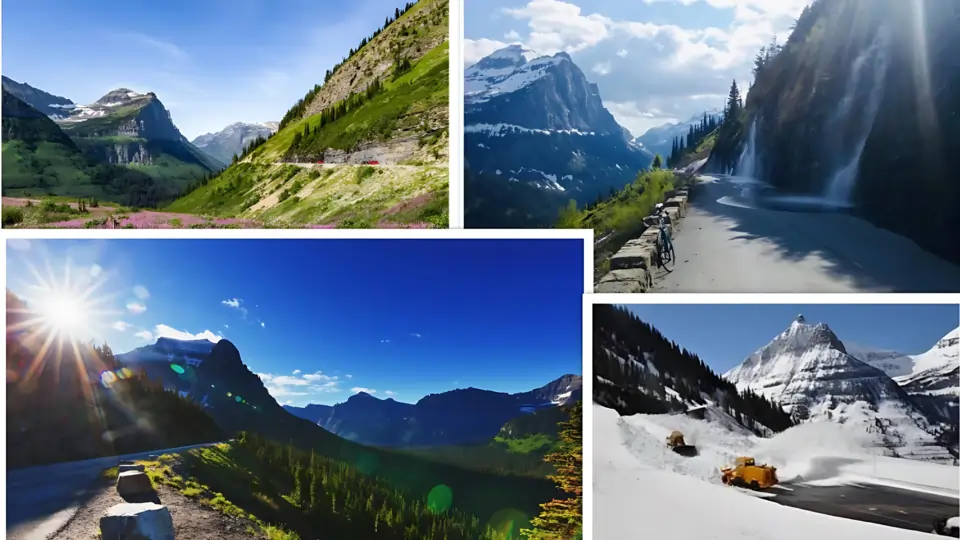 Four seasons at Glacier National Park — vibrant summer, golden fall, snowy winter and fresh spring