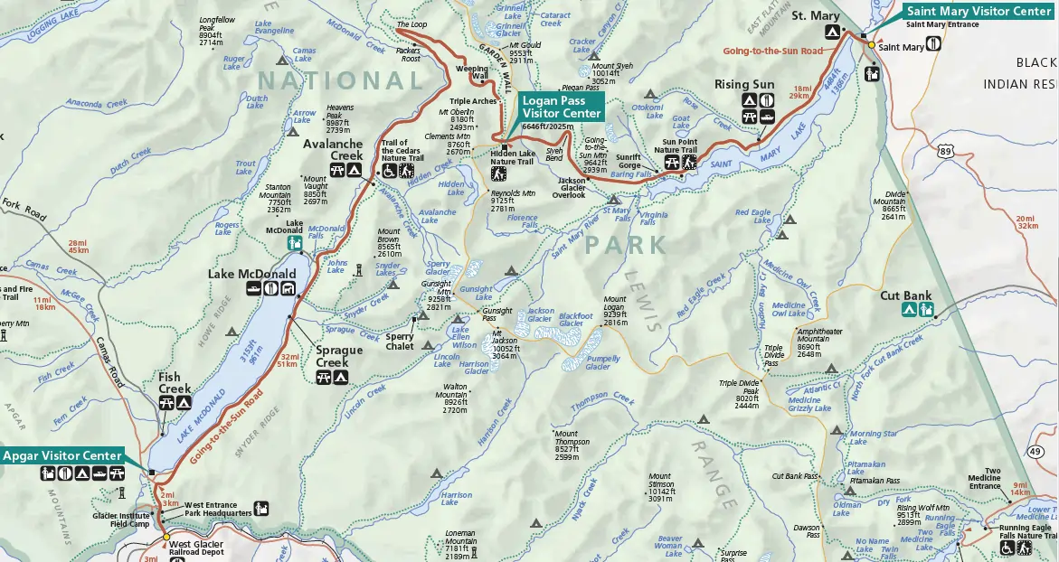 Map of Going-to-the-Sun Road route through Glacier National Park