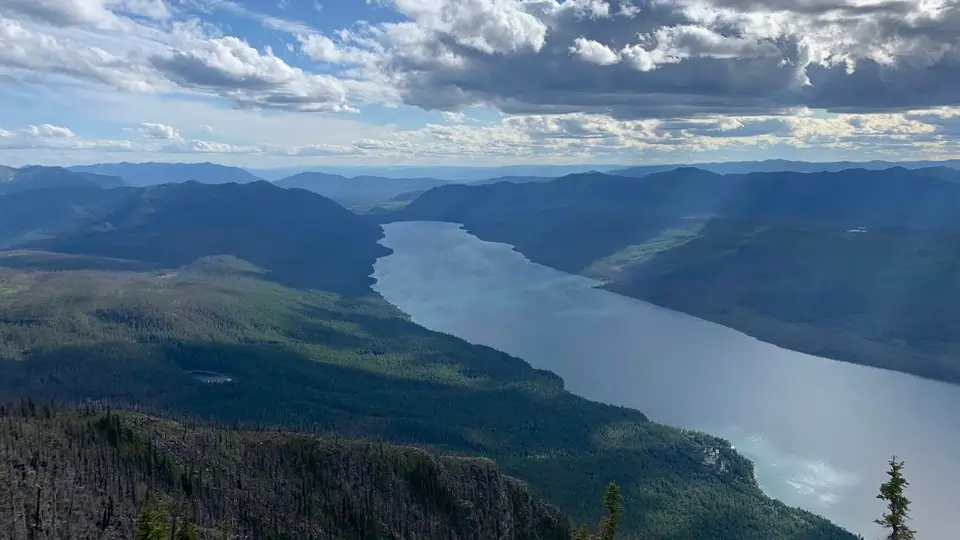 Aerial view of Lake McDonald showing its stunning turquoise waters