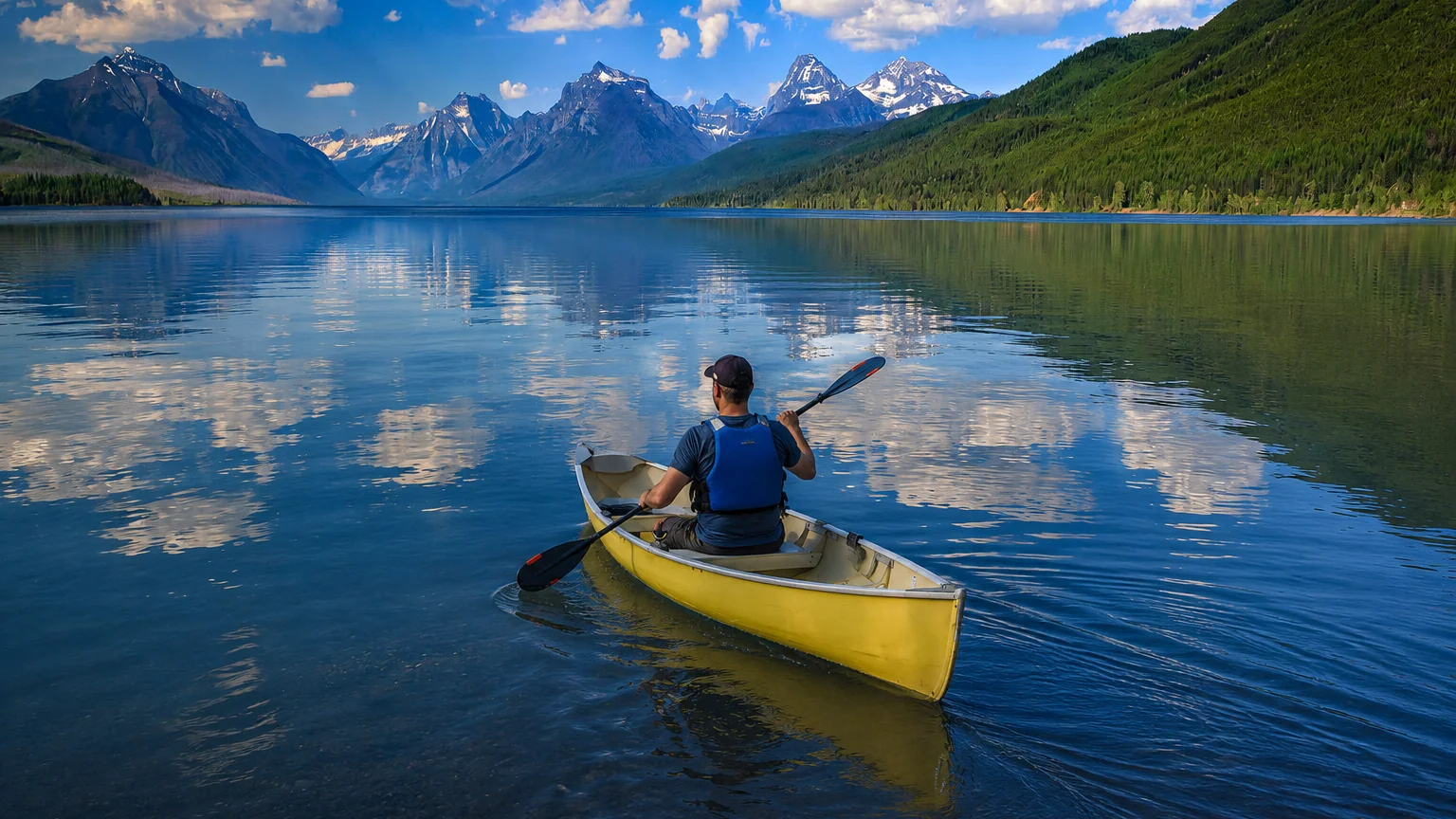 Kayaker paddling on Lake McDonald