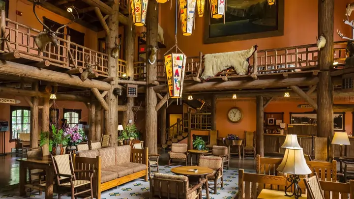 Interior of the historic Lake McDonald Lodge great hall