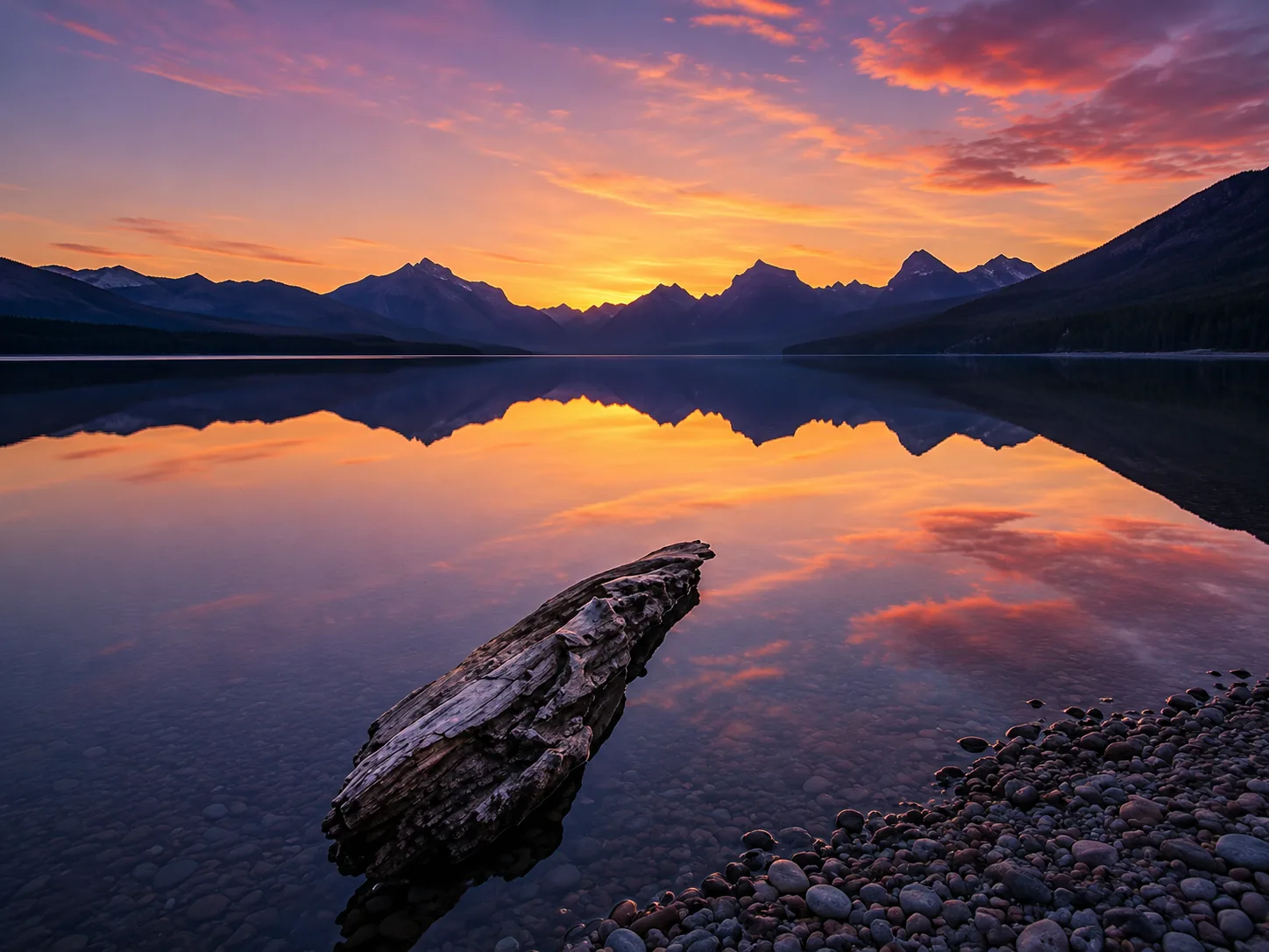 Driftwood log in the shallows of Lake McDonald at sunset with pink and orange sky