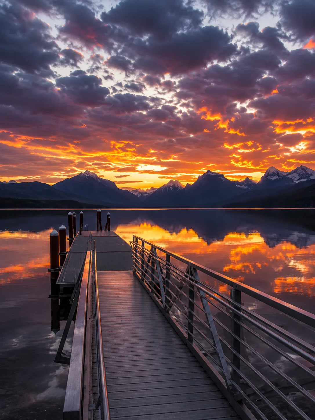 Apgar boat dock stretching into Lake McDonald at sunset with mountains in the distance