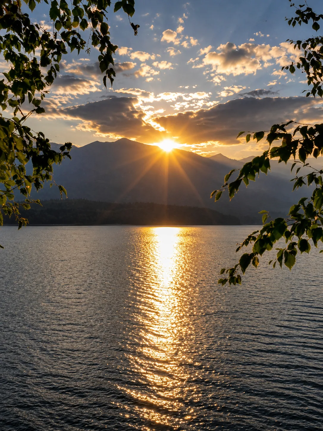 Golden hour sun rays over Lake McDonald framed by tree branches from a Going-to-the-Sun Road pullout