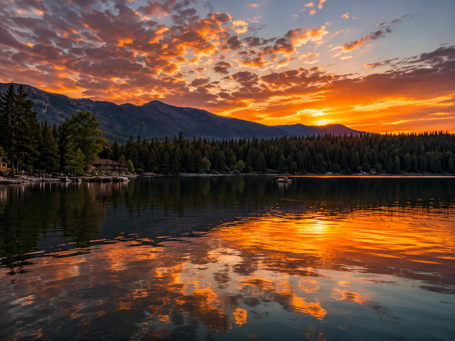 Sunset seen from the dock area near Lake McDonald Lodge with boats and forested shoreline