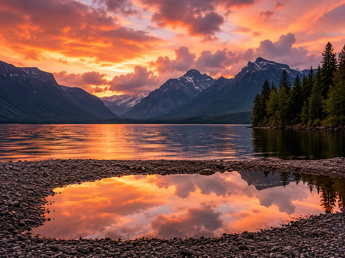 Vivid orange and pink sunset sky reflected in a tide pool on the Lake McDonald shoreline