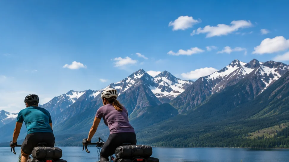 Cyclist riding Going-to-the-Sun Road above Lake McDonald with the Livingston Range in the background