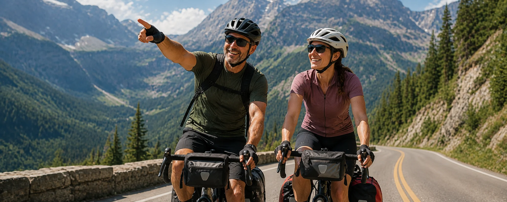 Cyclist climbing Going-to-the-Sun Road with McDonald Creek and the Livingston Range below