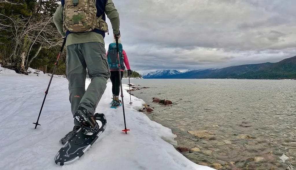 Snowshoeing at the edge of Lake McDonald during winter in Glacier National Park